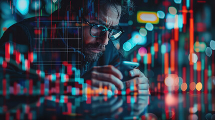 Leinwandbilder - A smart businessman typing financial data on a mobile phone, with a futuristic stock chart graphic overlay, the background features dynamic digital technology elements and crypto currency symbols.