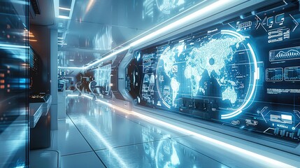 Poster - A high-tech office space with advanced holographic displays and digital interfaces. Generative AI.
