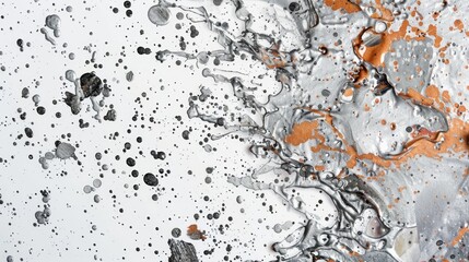 Poster - Create a splash background with abstract, metallic paint splatters in silver and copper tones, set against a white backdrop for a modern and sophisticated vibe.
