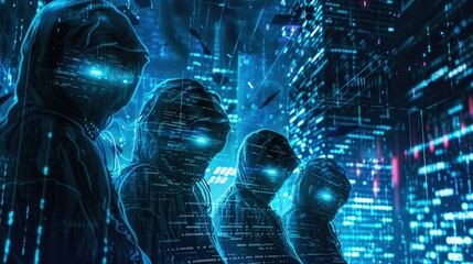 Poster - A group of hackers wearing hoodies and glowing with blue light stand in front of a digital background, disrupting systems with advanced technology