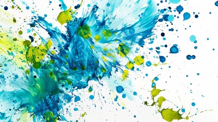 Poster - Create a splash background featuring vibrant blue and green paint splatters on a pure white backdrop, emphasizing dynamic movement and energy. 