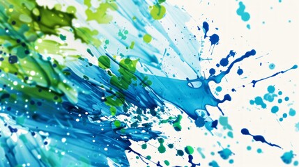 Poster - Create a splash background featuring vibrant blue and green paint splatters on a pure white backdrop, emphasizing dynamic movement and energy. 