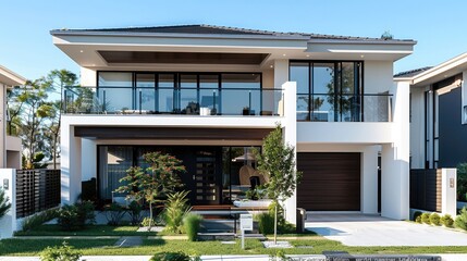 Leinwandbilder - Two-story house in a light white and dark bronze style. Generative AI.