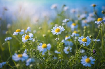 Wall Mural - Close-up of daisies with yellow centers and white petals in field bathed in warm glow of sunlight