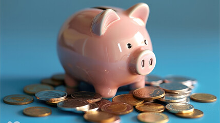 Aufkleber - A cute piggy bank, filled with a variety of coins, on a simple blue background. The piggy bank is made of shiny, light pink ceramic, and the coins glint with gold and silver hues. Generative AI.