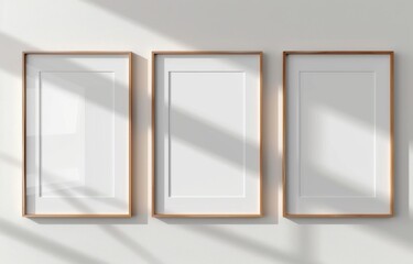 3 blank picture frames on the wall above a concrete console table, minimalist modern home interior