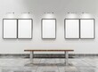 © AI Story - Three white  mockup posters on an art gallery wall with a white bench and grey tile floor