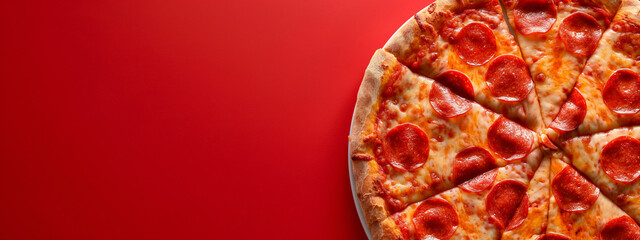 Pepperoni pizza on red background with copy space