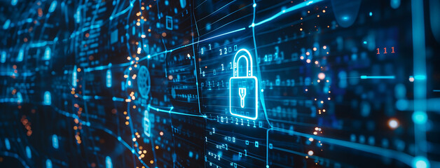wide technology background cover illustration of digital data security with padlock symbol bright lines binary codes on a screen    