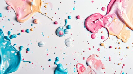 Poster - Design a splash background with an array of pastel-colored paint drops and splashes, set against a crisp white background for a soft, artistic feel.