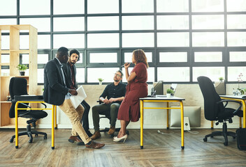 Wall Mural - Teamwork, discussion and group in office, talking and diversity in business, corporate and brainstorming. Ideas, men and woman in meeting, paperwork and communication for project for journalist