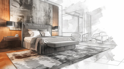 Wall Mural - This blend of realism and artistic sketching offers a unique perspective on contemporary bedroom aesthetics. Generative AI