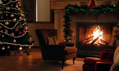 Canvas Print - A cozy living room with a fireplace and a chair. The fireplace is lit and there are Christmas decorations around it