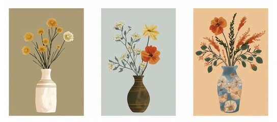 Naklejka na meble Series of three flat design posters featuring retro mid-century modern flower illustrations in vases, with warm earthy colors and simple shapes.