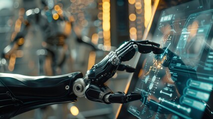 Poster - In a factory setting, a robotic hand interacts with a touchscreen, activating a display of data and visuals on the interface. Background is blurry