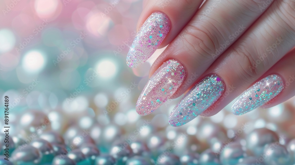 A hand with long almondshaped nails adorned with sparkly iridescent glitter polish resting delicately over a bed of pearllike orbs