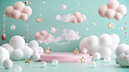 Wall Mural - Whimsical Cloud and Star Themed Pastel Platform