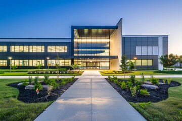 A sleek, modern school building with a welcoming entrance and well-maintained grounds