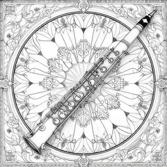 Clarinete sobre mandala para colorear, niños, música y educación temprana.