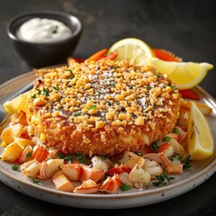 Wall Mural - Mouthwatering Crab Cake with Lemon Slices, Fresh Herb Garnish, and Creamy Sauce on Elegant Plate - Perfect Seafood Dish for Dinner