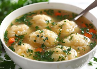 Wall Mural - Delicious Homemade Soup with Fluffy Dumplings and Fresh Vegetables Garnished with Herbs in a White Bowl - Perfect Comfort Food Dish