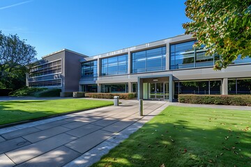 A sleek, modern school building with a welcoming entrance and well-maintained grounds