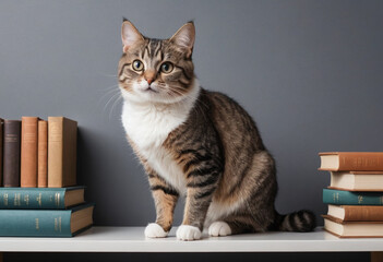  A mischievous cat perched on top of a bookshelf. 