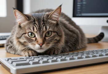  A cat curled up on a keyboard, interrupting someones work. 