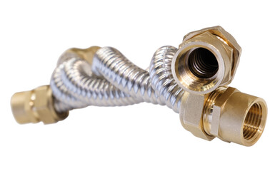 Aufkleber - Corrugated stainless steel and brass flexible pipe is bent and twisted. pipe is connected to a brass fitting. pipe is bent and twisted in a way that it looks like a snake, isolated on white background