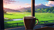 © Abdul - a cup of drink with a view of rice fields in the morning. a view of rice fields with a mountain