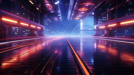 generated Illustration futuristic scifi tunnel corridor with glowing lights