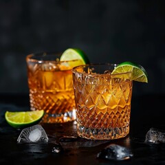 Poster - image of two vibrant cocktails in the same style glasses arranged on a dark, textured surface with a black background. The cocktails include