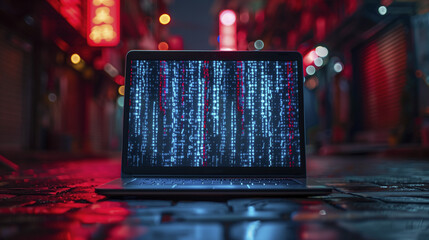 Canvas Print - Front view of a laptop, network access, data distribution, operating system malfunction. Hackers and internet connection. Bugs and malware. Stolen digital data. Ai generative