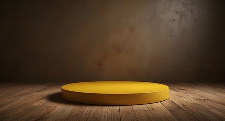 Sticker - Empty 3D pedestal platform with kitchen background podium product showcase wall table. Podium stand studio wooden floor background, abstract floor stage modern base, food kitchen wooden yellow light