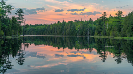 Wall Mural - A wide-angle photograph of a tranquil lake in the forest, vibrant green trees reflecting on the calm water, under a pastel sunset sky