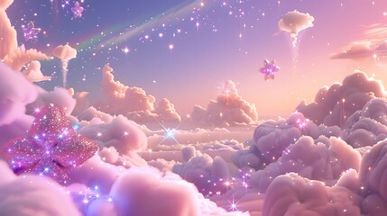 Wall Mural - Dreamy Lavender Sky With Wispy Silver Clouds And Sparkling Stars