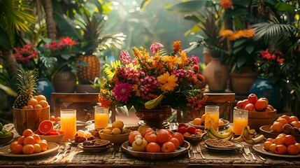 Wall Mural - A table with a colorful assortment of fruit and flowers arranged beautifully.