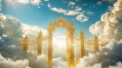 a breathtaking view of ornate golden gates surrounded by clouds and sunlight symbolizing spiritualit