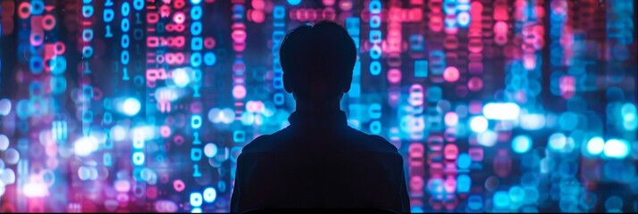 A silhouette of a person facing a large screen filled with digital binary code, symbolizing technology, coding, cyber security, data analysis, and the complex world of programming