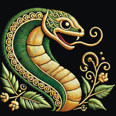 Wall Mural - Embroidery textured isolated 3d cobra snake pattern on black background . Green gold ornamental vector snake zodiac sign 2025 year symbol. Grunge embroidered luxury 3d texture with flowers, leaves.