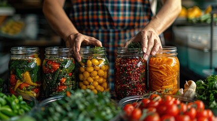 A person is making vegetable pickles in glass jars, hands closeup, various vegetables and herbs on the table .