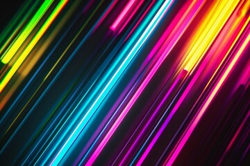 Poster - Colorful neon light streaks are glowing diagonally over a dark background, creating a vibrant and energetic abstract illustration