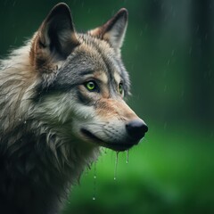 Wall Mural - a wolf is standing in the rain with its eyes wide open