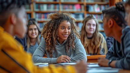 Wall Mural - Portrait of group students engaging in debate session in school, discussing topics, education. Diversity and conversation for future development.