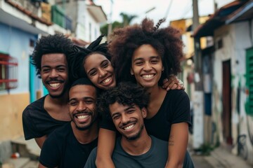 In a summer day, black race friends hang out in the city.