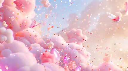 Wall Mural - Dreamy Pink Clouds with Butterflies and Glitter Particles