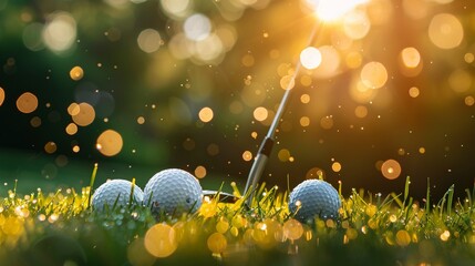 Wall Mural - Golf Balls and Club in Sunlit Grass