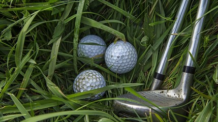 Wall Mural - Golf Balls and Club in Grass