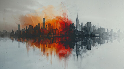 Wall Mural - Big City Skyline: Central Color Photo Fading to Pencil Drawing. Generative AI