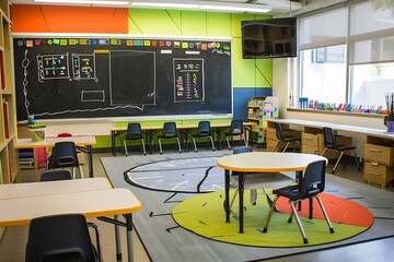 A spotless blackboard in a modern classroom with ergonomic furniture, bright decor, and neatly arranged educational displays